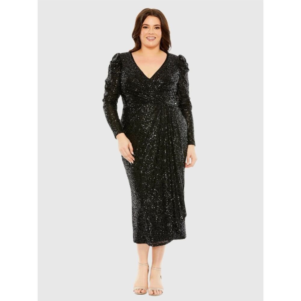 Mac Duggal Black Princess Long Sleeve V Neck Sequin Dress Size 20